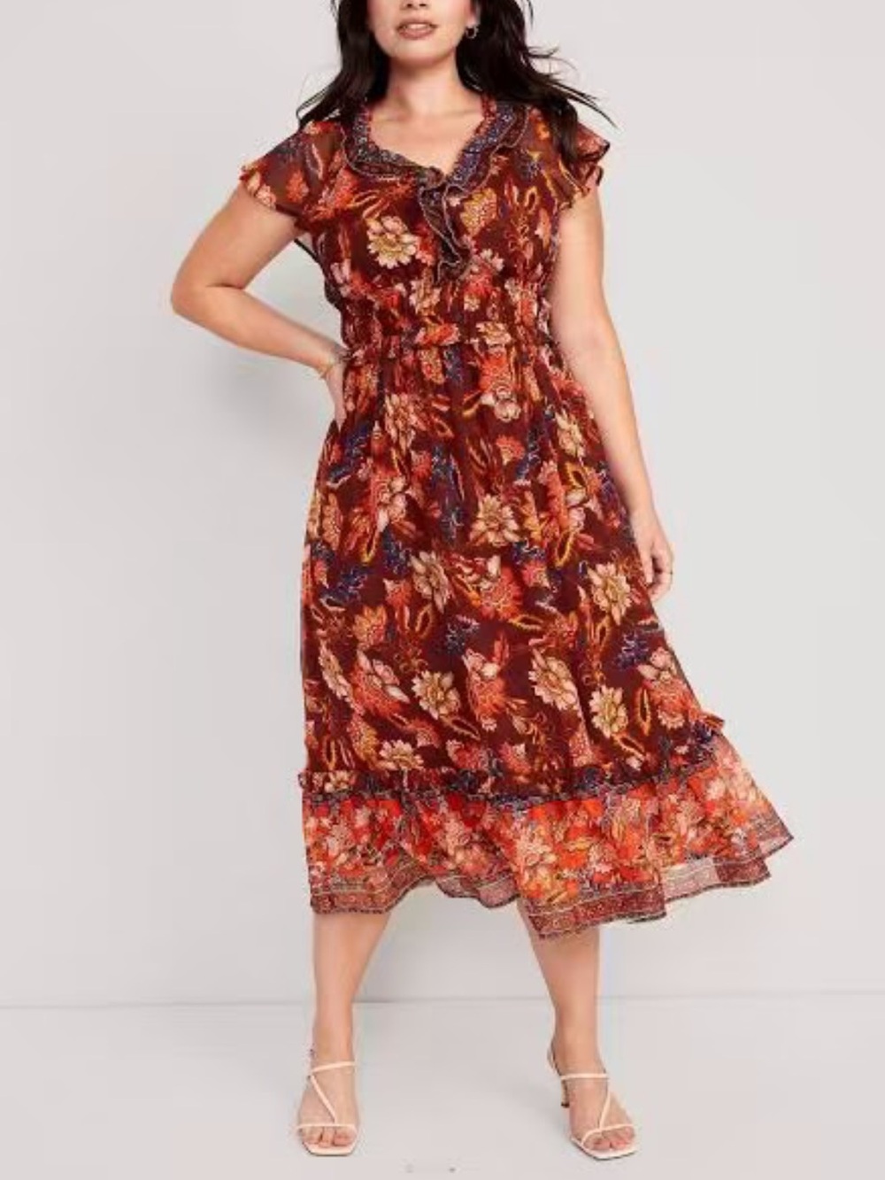 Old Navy Orange Floral XL Midi Dress Boho Cottagecore Fall Romantic Feminine